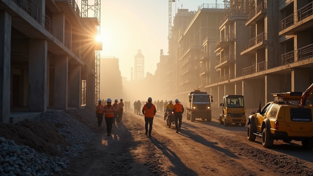 Weitwinkelblick über eine aktive Großbaustelle im Betrieb