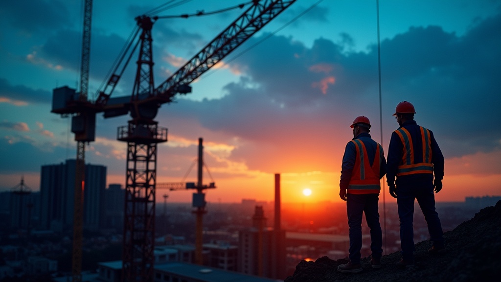 Bautrupp mit Kran auf der Baustelle in der Dämmerung